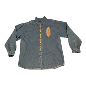 Vintage Sierra Pacific Denim Chambray Large Aztec Embroidered Accent LS Shirt